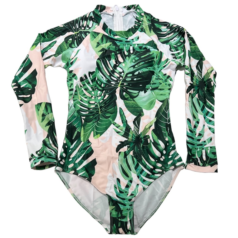 Long Sleeve Swimsuit/Rash Guard, monstera print, size XL, cups in bodice.